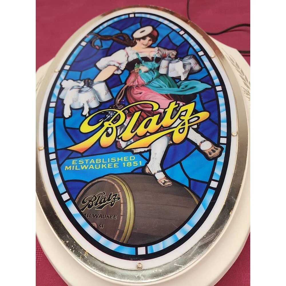 VTG 1960s Blatz Beer Sign Lighted Valerie The Barmaid Faux Stained Glass Working
